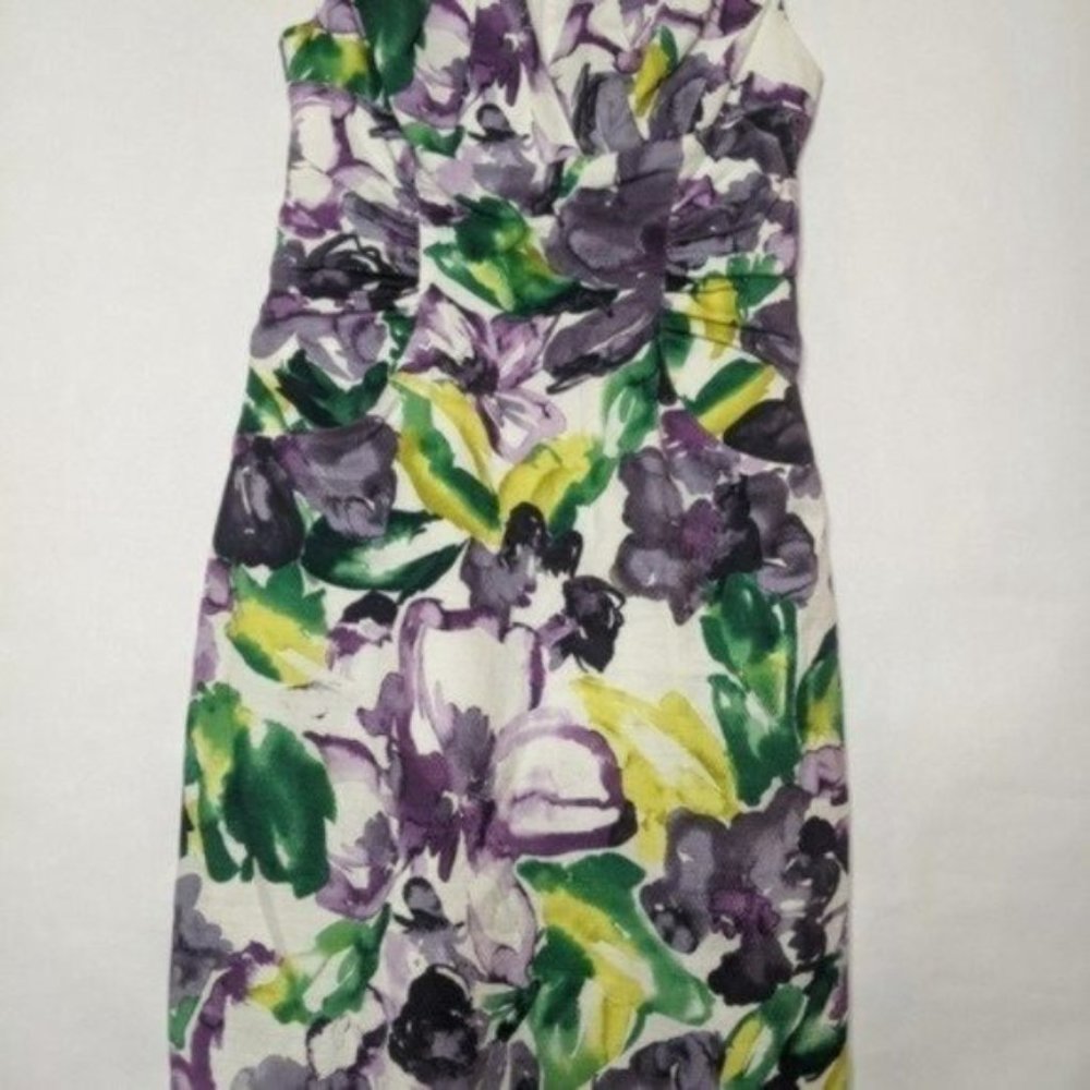 Adrianna Papell Dress 6 Medium Purple Floral Dress Sleeveless Ruched Sheath Text - Picture 3 of 9